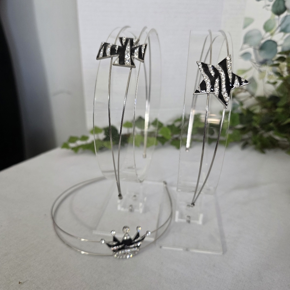 Silver Metal Headband with Zebra Print Star or Cross or Crown Rhinestone